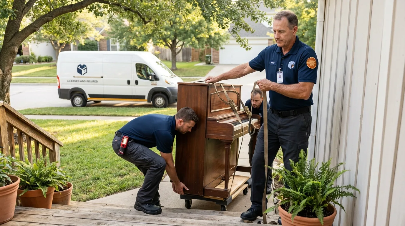 Licensed piano movers securing grand piano in Elkland, PA