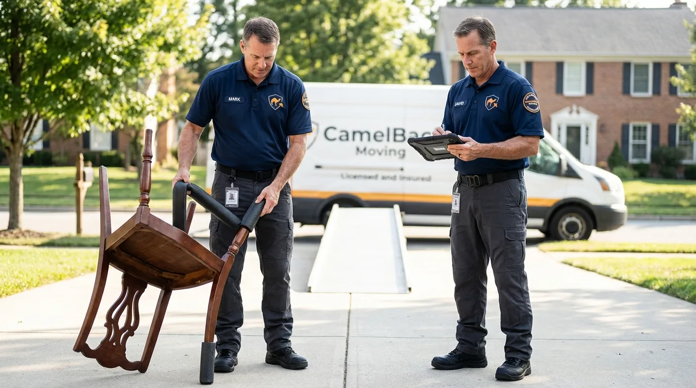 Movers inspecting furniture for damage prevention before loading in Elkland, PA