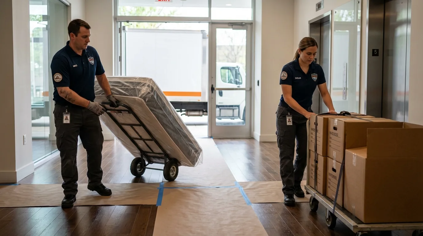 Professional apartment movers loading elevator in Elkland, PA